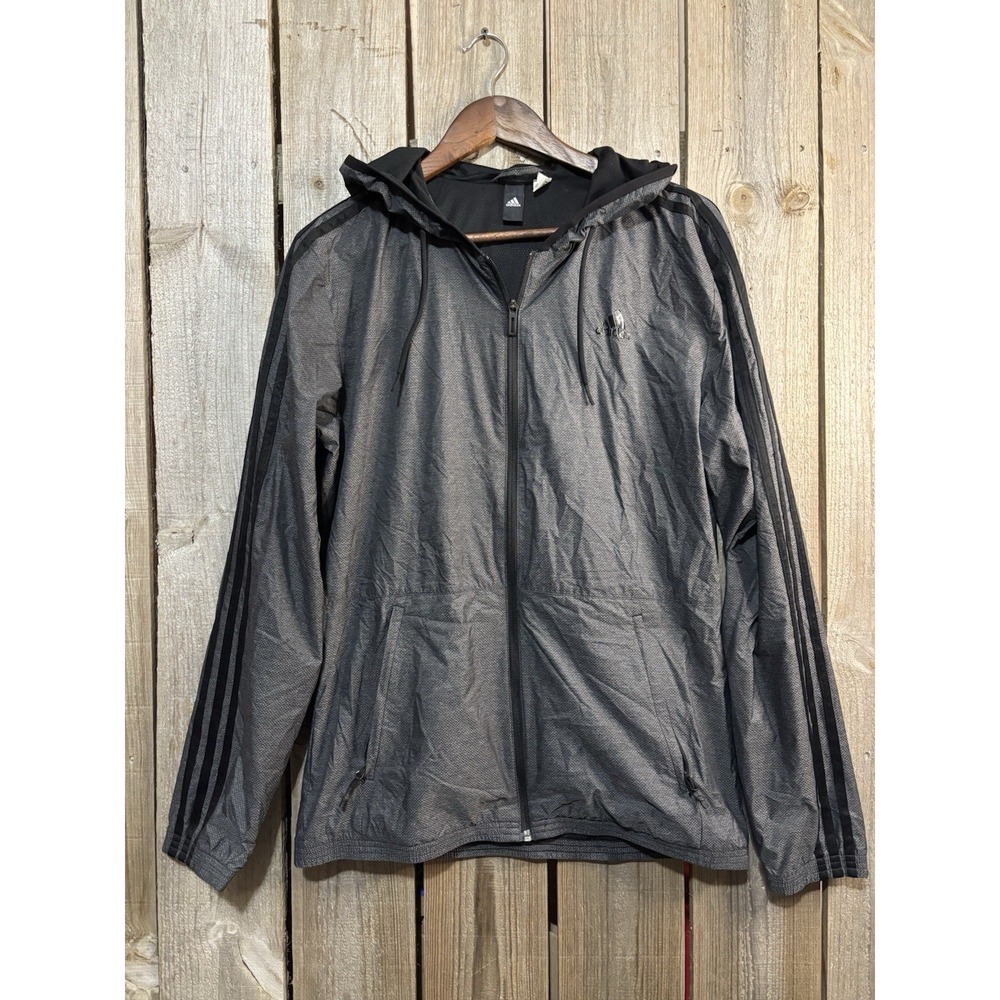Adidas Hooded Windbreaker Jacket Gray Black Full Zip Lightweight Men's Medium
